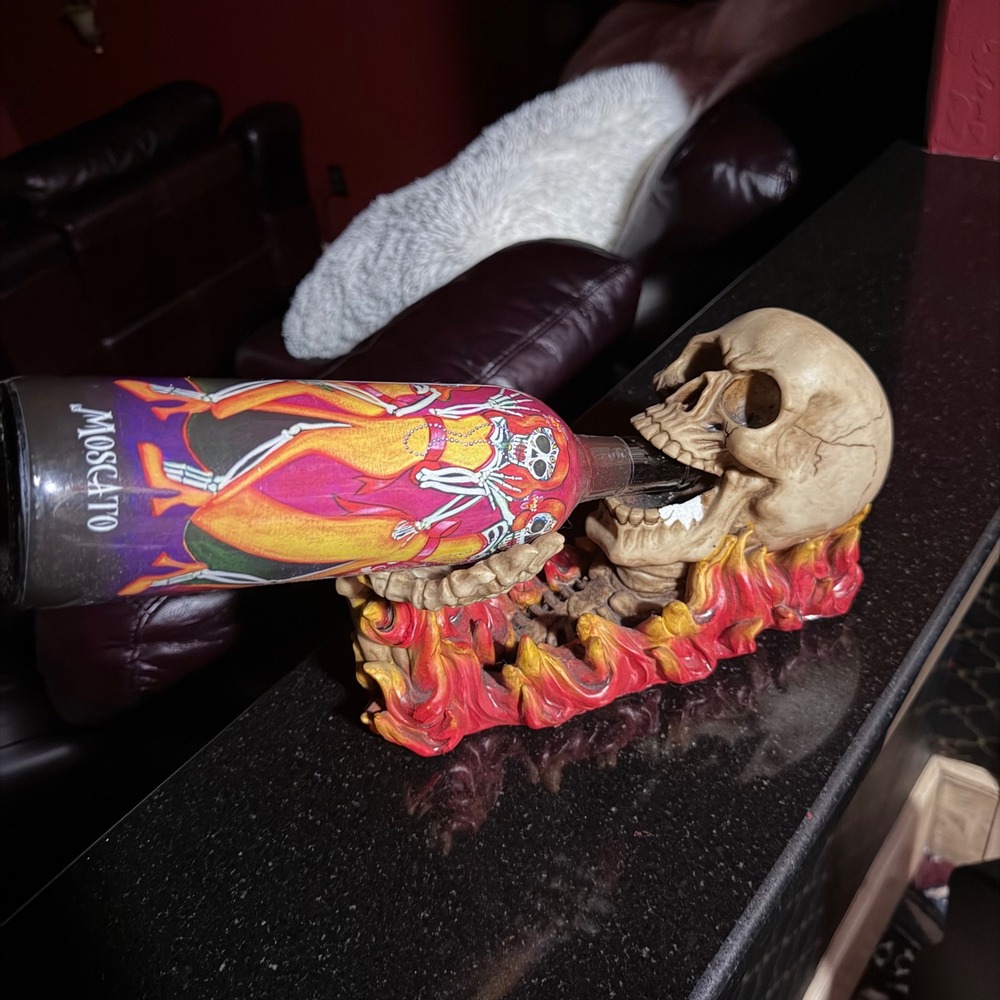 Unbranded Skull Wine Bottle Holder Unisex OS Bone Good Flaming Gothic Resin Rack